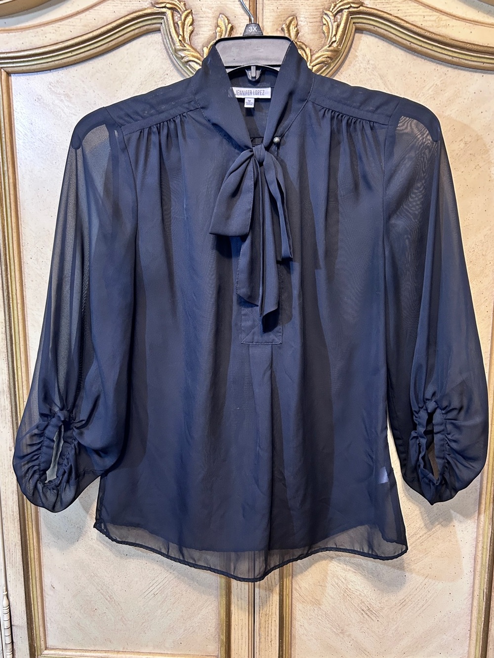 Jennifer Lopez JLO Black Sheer Front Neck Tie Front Bow Blouse
